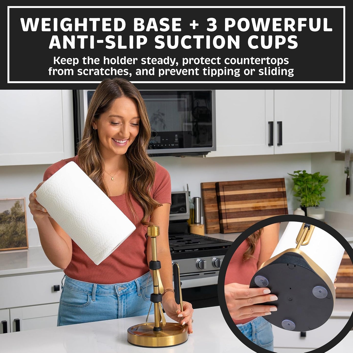 Stainless Steel Tension Arm Paper Towel Holder - Easy One-Handed Operation - This Sturdy Weighted Paper Towel Dispenser