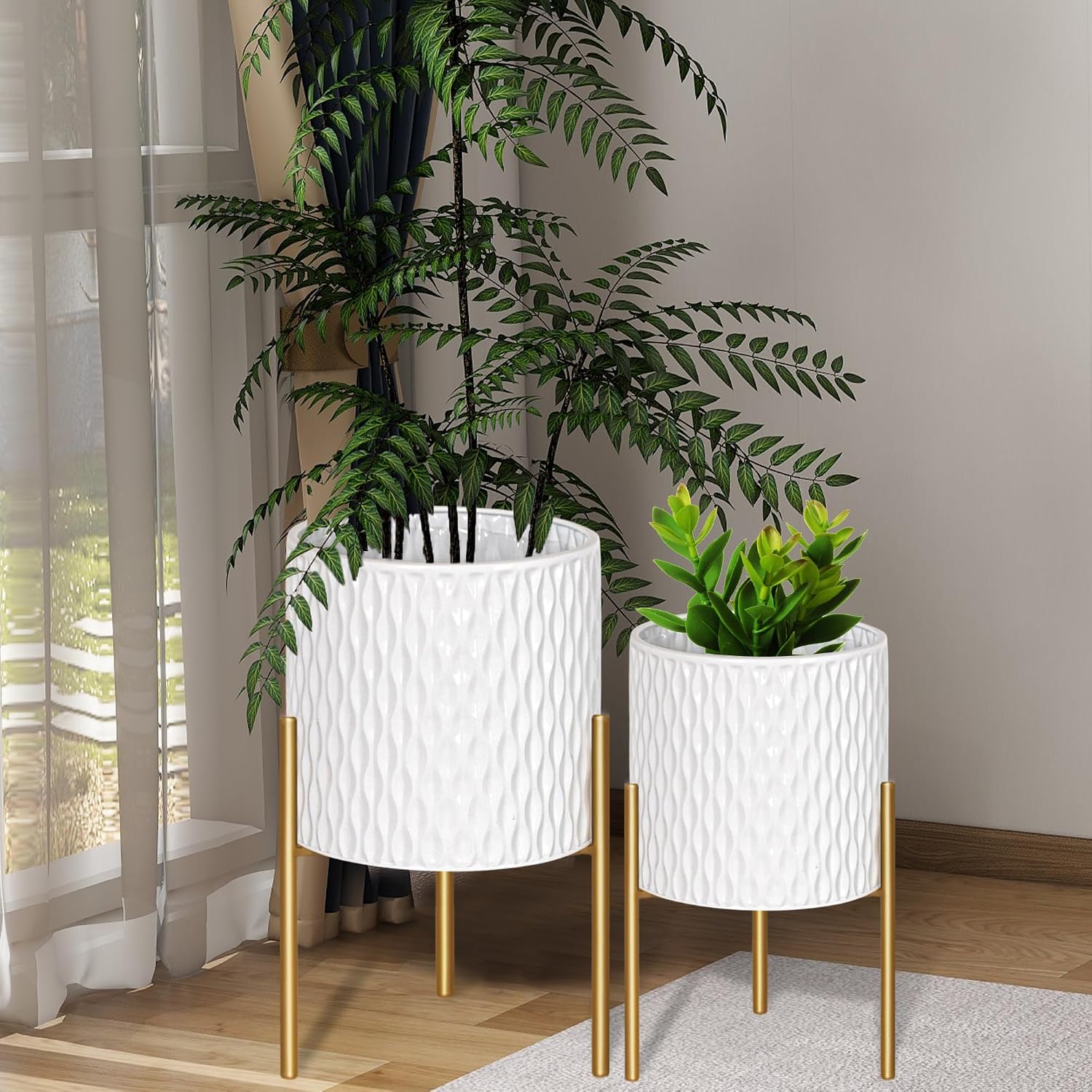 ARNIS Plants Pots with Stand, Set of 2 Planters, Unique Mid Century Decorative Metal Flower Pots with Drainage, 10.5 &