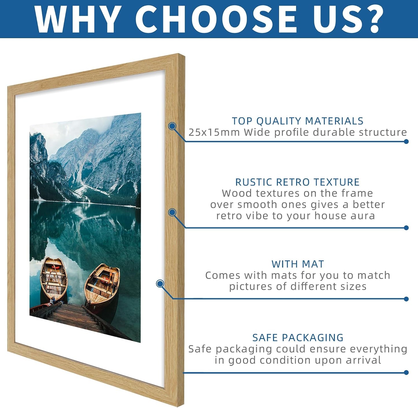Hongkee 16x24 Frame Set of 2, Natural Oak Wood Style - Display 16 x 24 Picture without Mat or 12x18 Picture with Mat