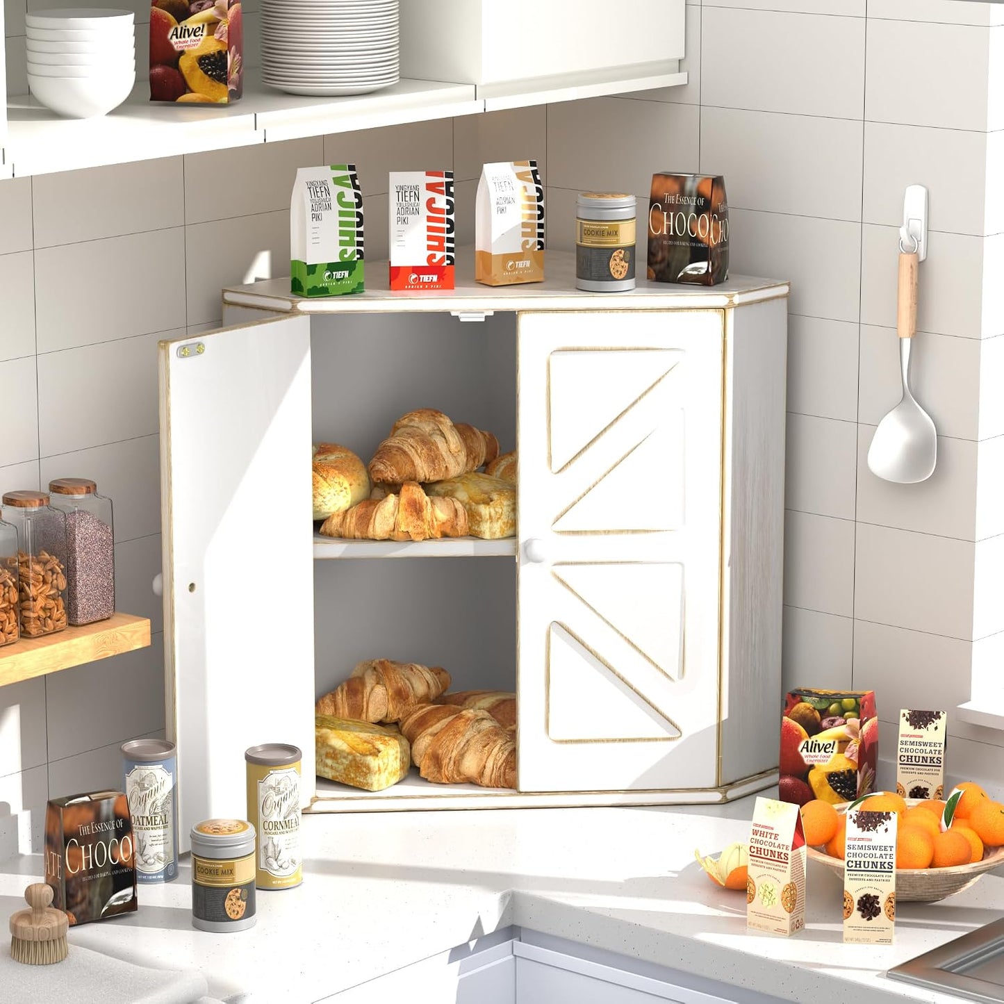 Corner Bread Box for Kitchen Countertop, Storage Container for Homemade Bread, Double Layer BreadBox, Large Capacity