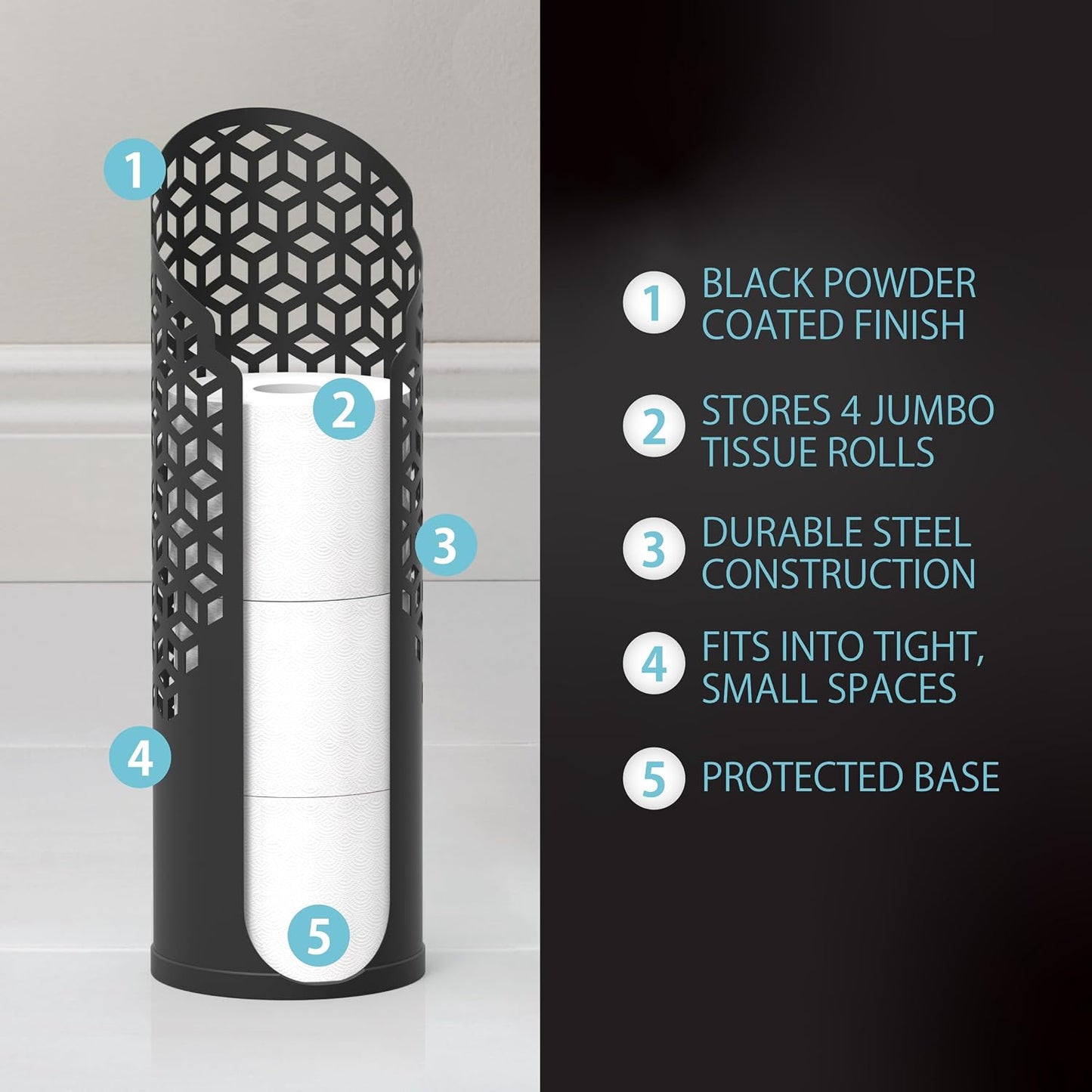 Better Living Rollo Hexacube Toilet Paper Reserve, 4 Rolls, Matte Black | Bathroom Toilet Paper Storage Holder
