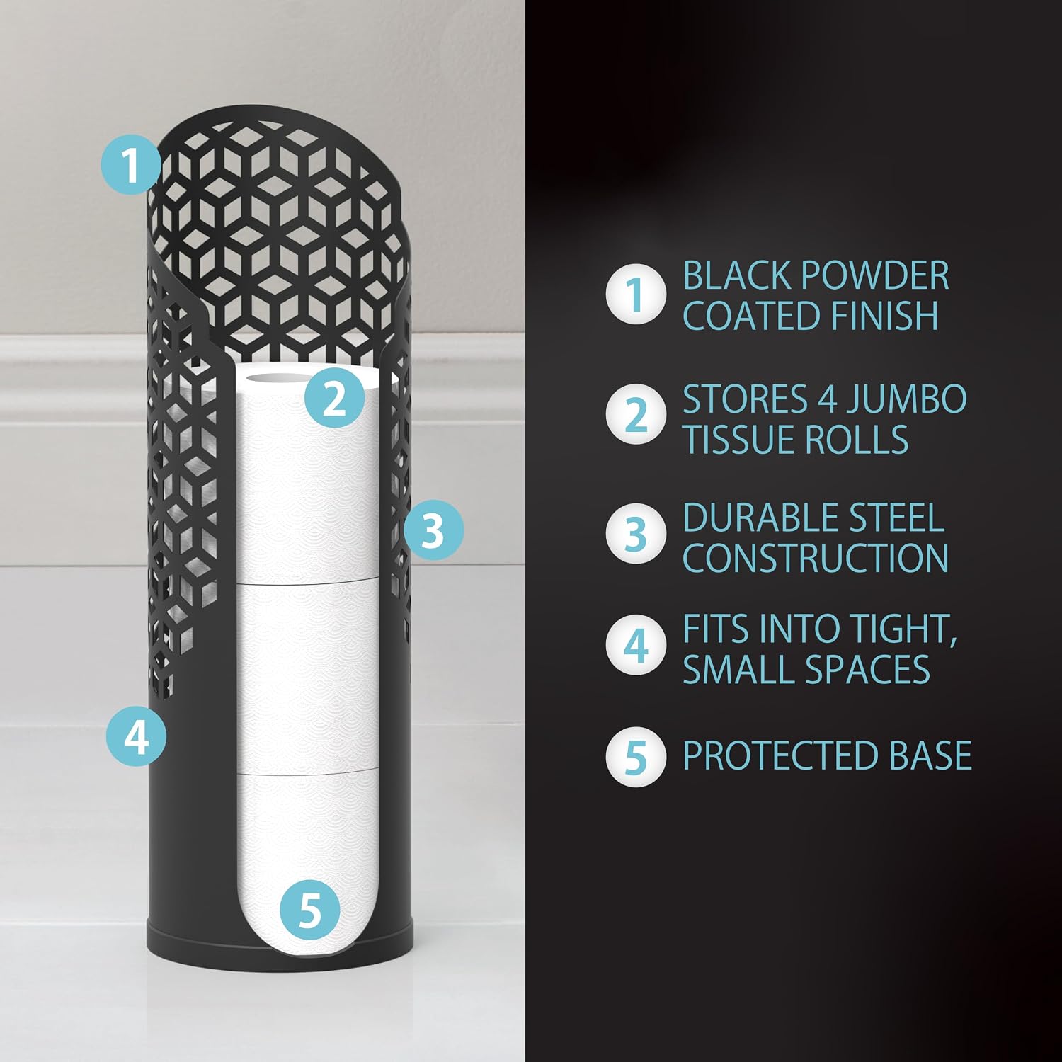 Better Living Rollo Hexacube Toilet Paper Reserve, 4 Rolls, Matte Black | Bathroom Toilet Paper Storage Holder