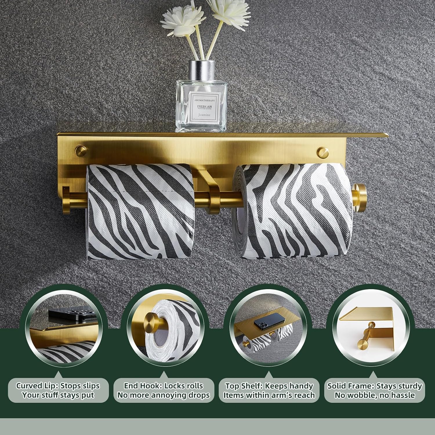 APLusee Double Roll Toilet Paper Holder, Brushed Gold, 304 Stainless Steel | Wide Utility Shelf, Phone & Wet Wipe