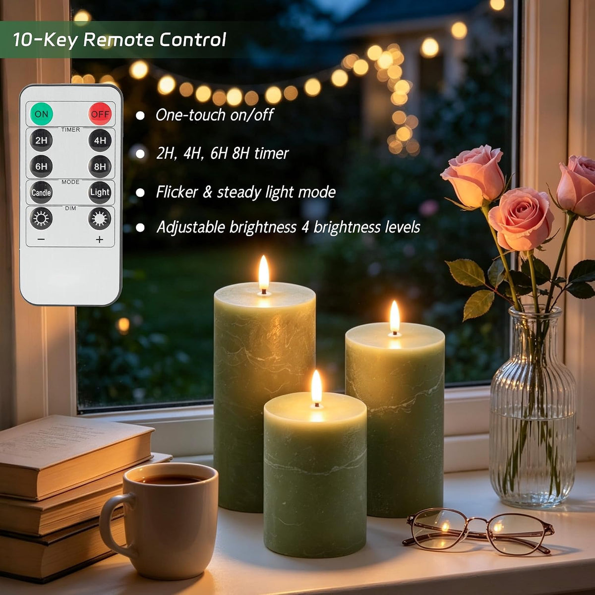 Olive Green Flameless Pillar Candles, Wax LED Candles with Remote | Realistic Battery Operated Decorative Candles