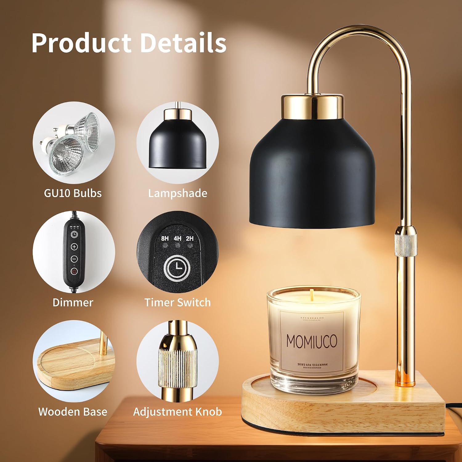 Candle Warmer Lamp with Timer, Height Adjustable Wax Melt Warmer | Modern retro black glass shade, wood base, aesthetic