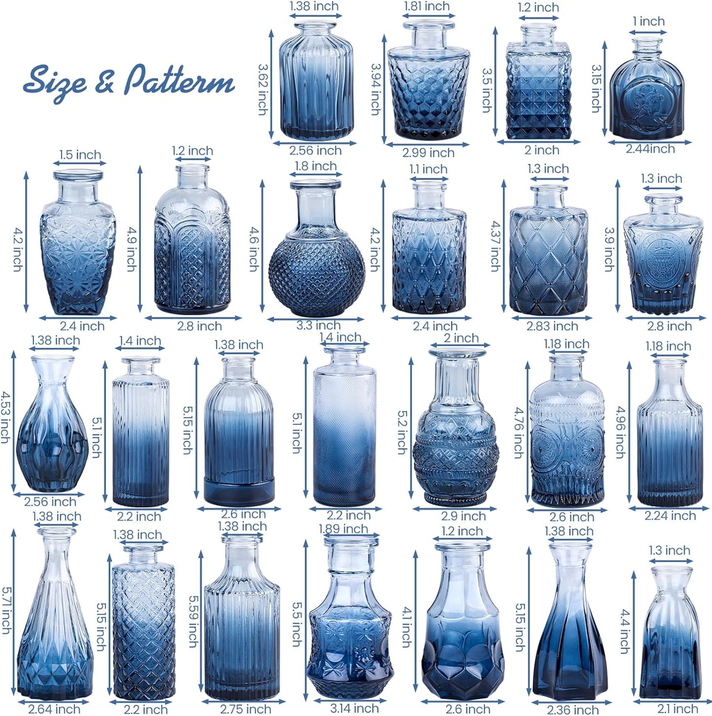 Glass Bud Vases Set / Blue / Set of 24