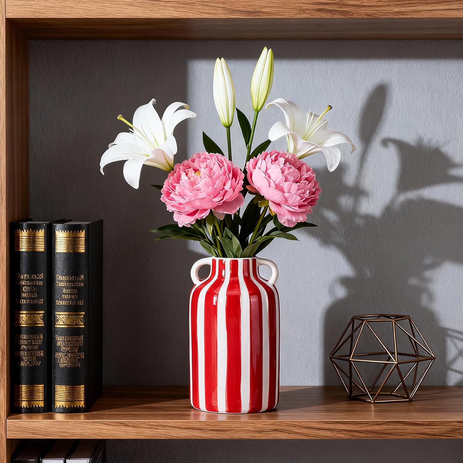 Ceramic Vase / Mid Century Modern Striped Vase for Flower & Pampas Grass Centerpiece / Red and White