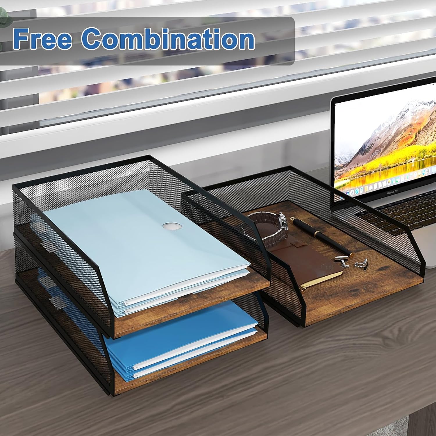 Natwind 3-Tier Stackable Metal Mesh Paper Organizer with Sliding Tray,Retro | Wooden Desk Organizer, Letter Tray For
