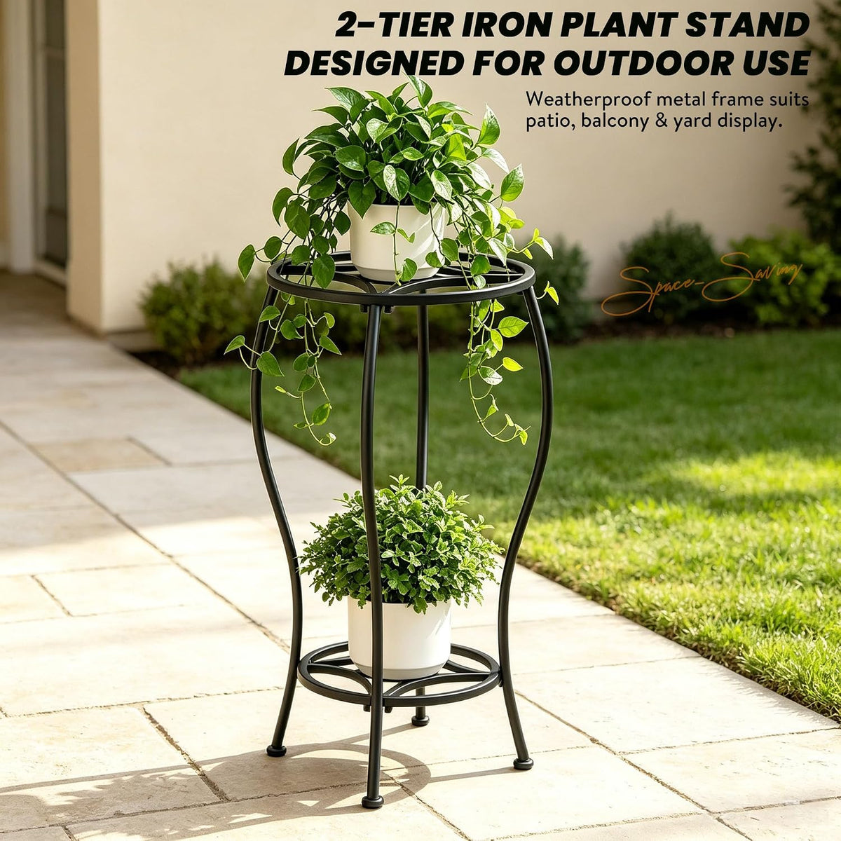 TOSKING 2-Tier Corner Metal Plant Stand, 28.7-Inch Geometric Shelf, Black | Curved-Leg Metal Plant Stand with Spacious