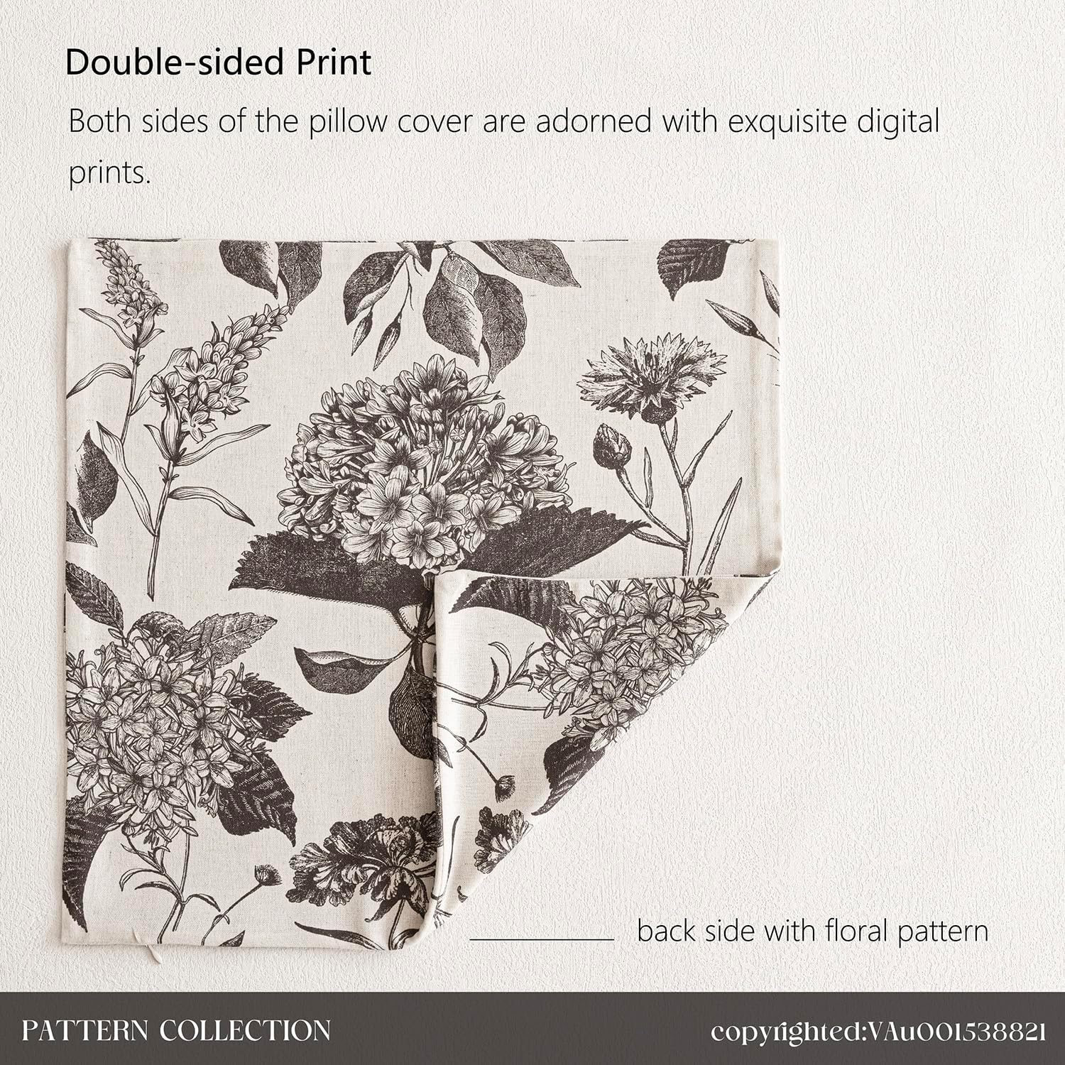 Linen Floral Vintage Throw Pillow Covers Neutral Accent Print / 18 x 18 / Black / Set of 2