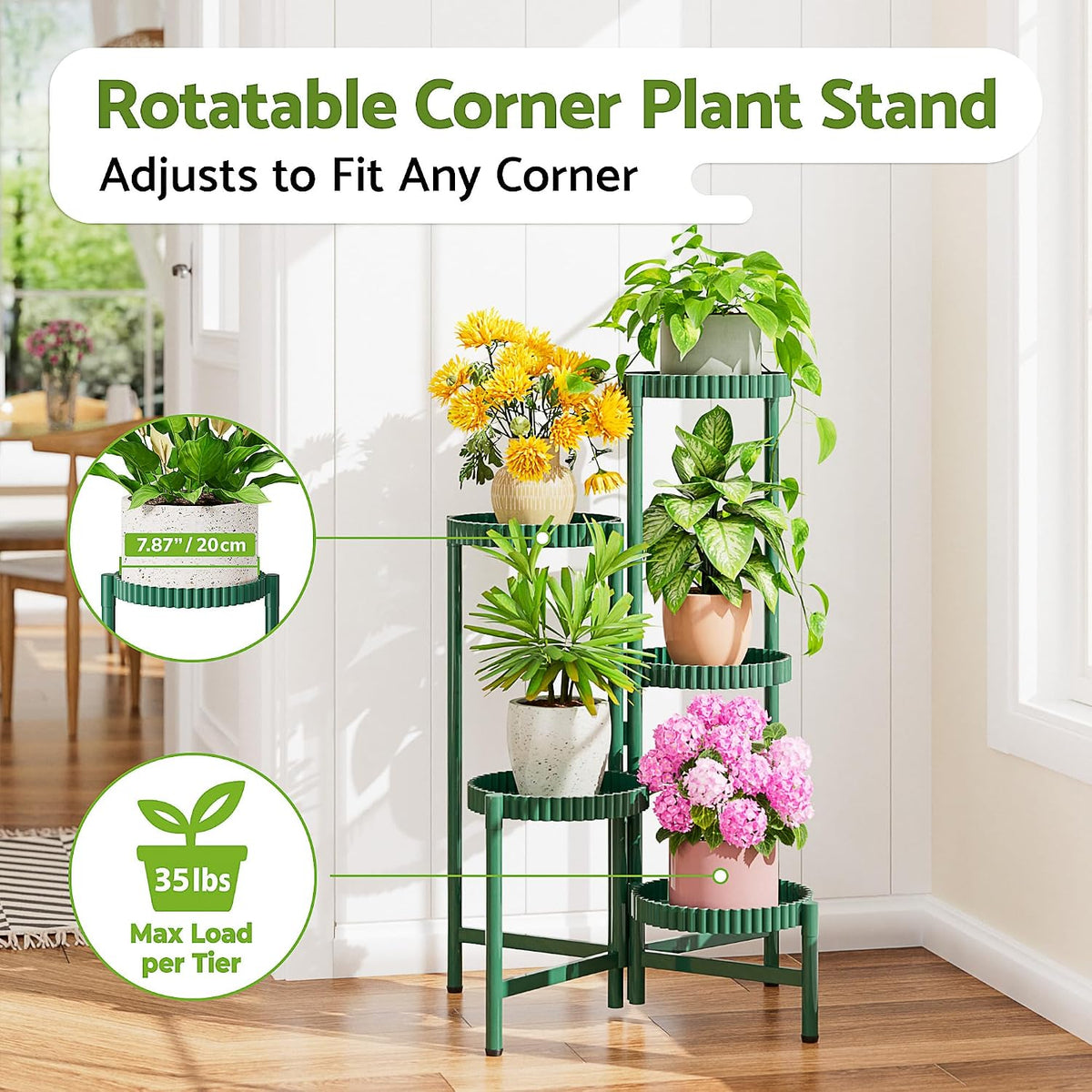 5 Tier Large Plant Stand Indoor, 7.9 Inch Wide Corner Tall Metal Plant Stands Outdoor for Multiple Plants, Folding