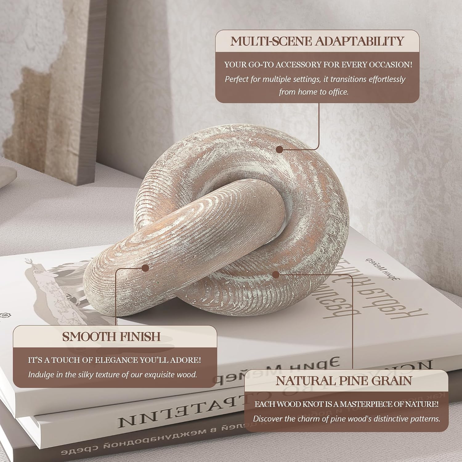 Wooden Chain 2-Link Decor for Book Shelf / Natural Wood