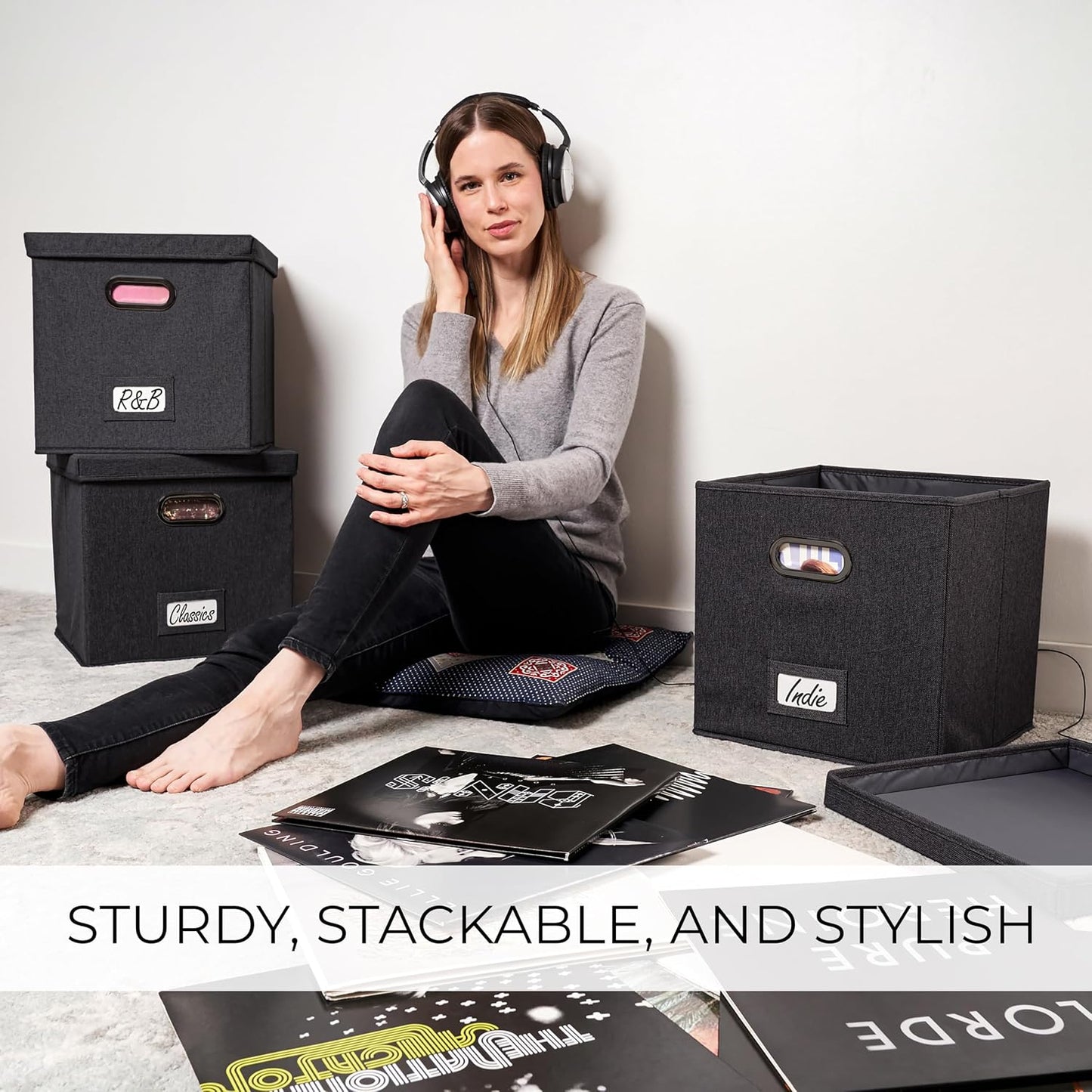 Decorative Vinyl Record Storage Box for 50+ Single Records - LP Holder | Sturdy and Easy to Carry Crate with Lid - The