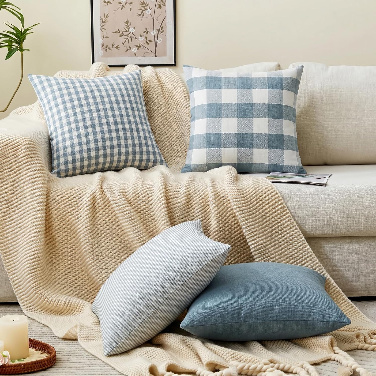 Light Blue Boho Striped Pillow Covers Farmhouse Outdoor / Grey Blue Stripe / 18 x 18 / Set of 2
