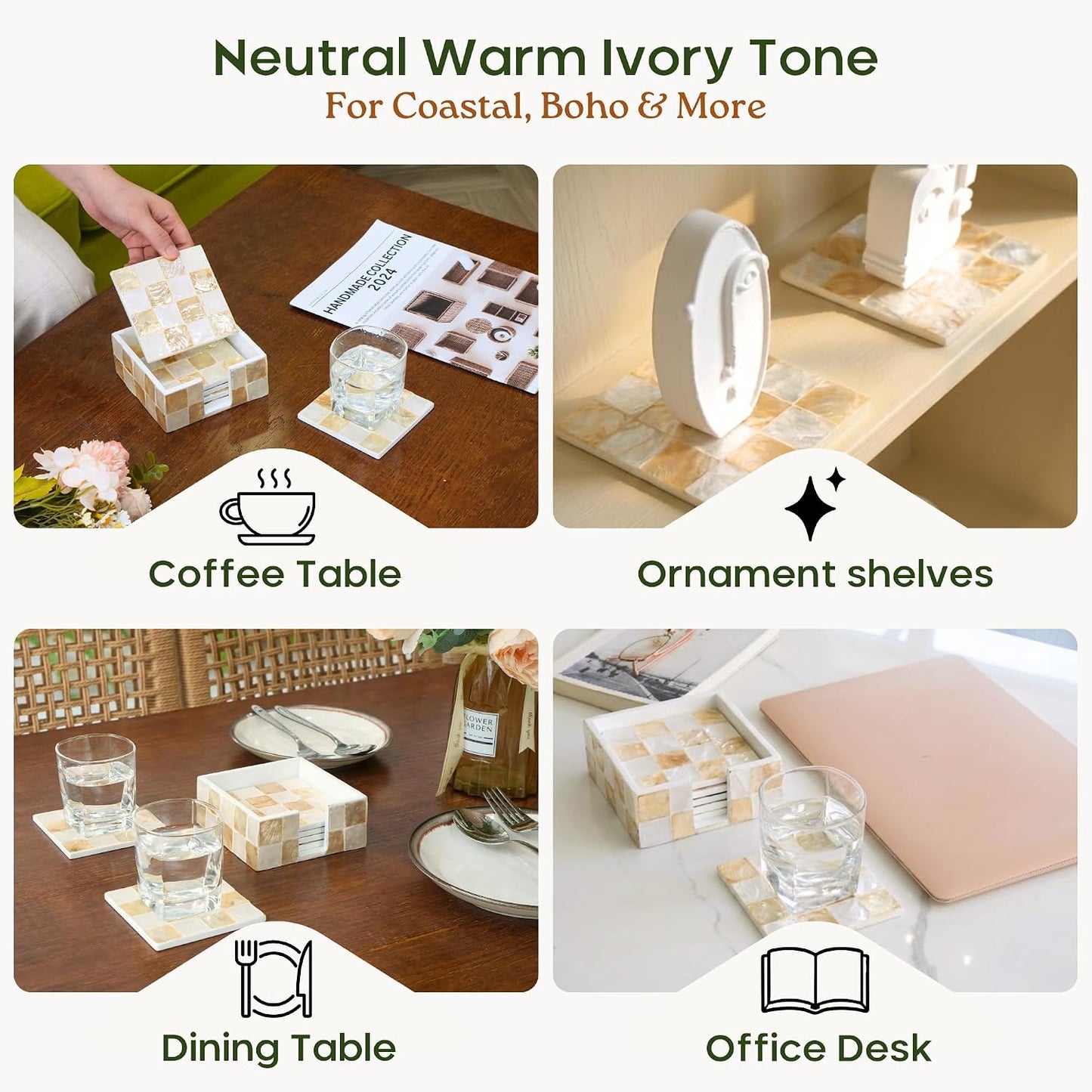 Modern Decorative Farmhouse Coasters for Coffee / Ivory / Set of 6