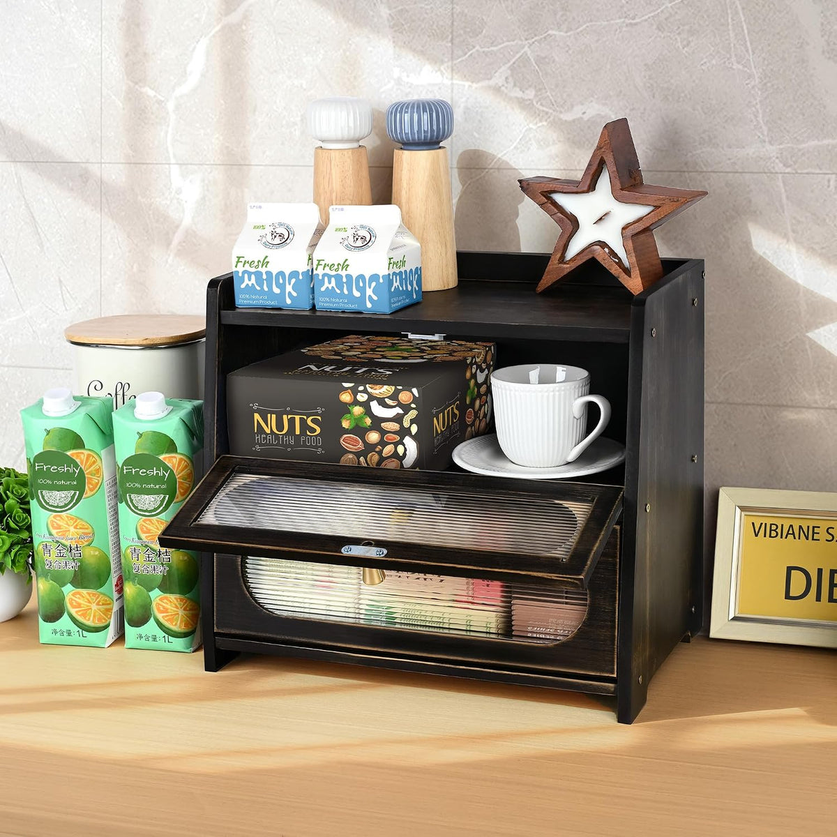 2-Tier Black Bread Box for Kitchen Countertop with Window | Farmhouse Bread Storage Container, Large Pantry Organizers