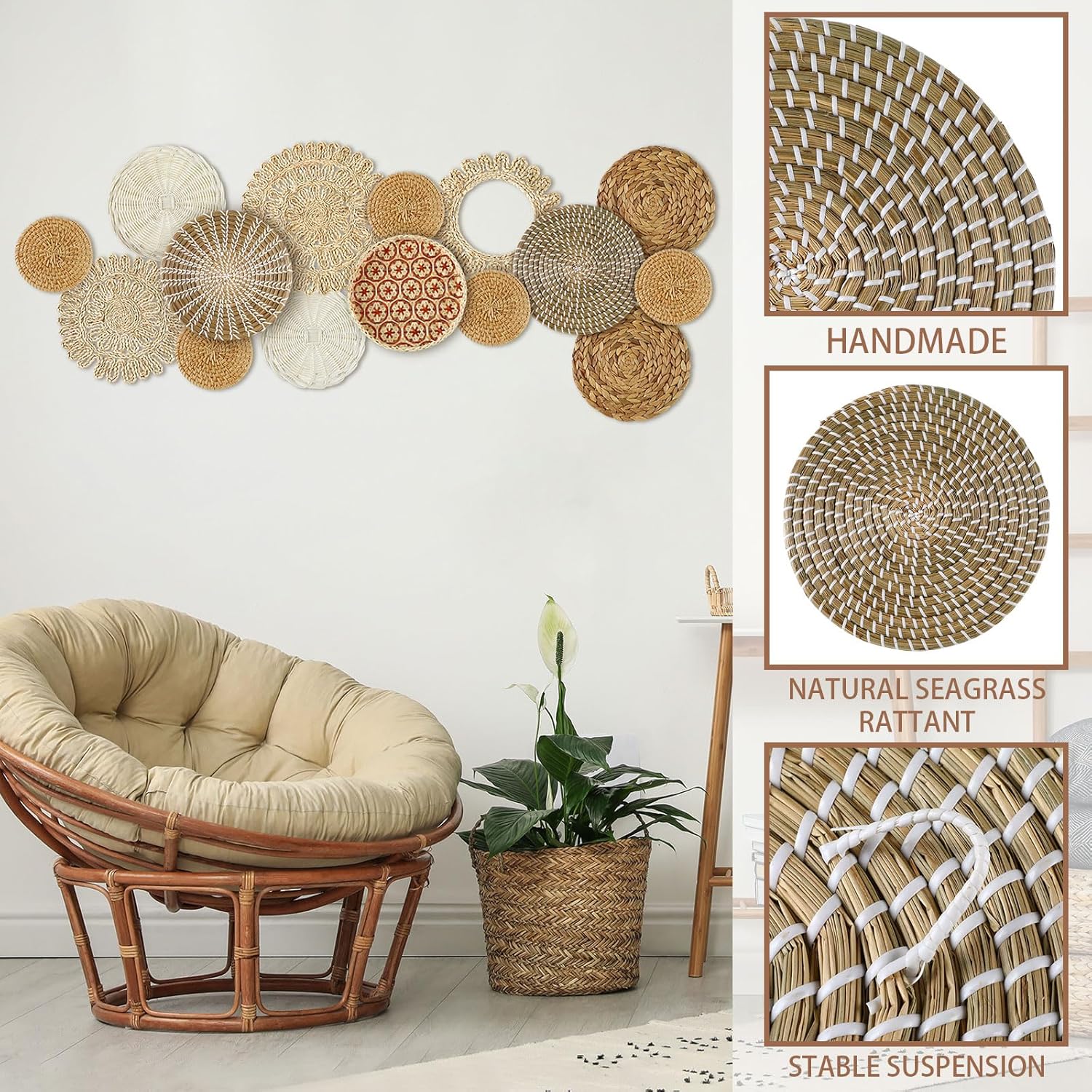 Boho Wall Basket Decor Handcrafted Seagrass Woven Wall Basket Rustic Round / Fresh Style / Set of 15