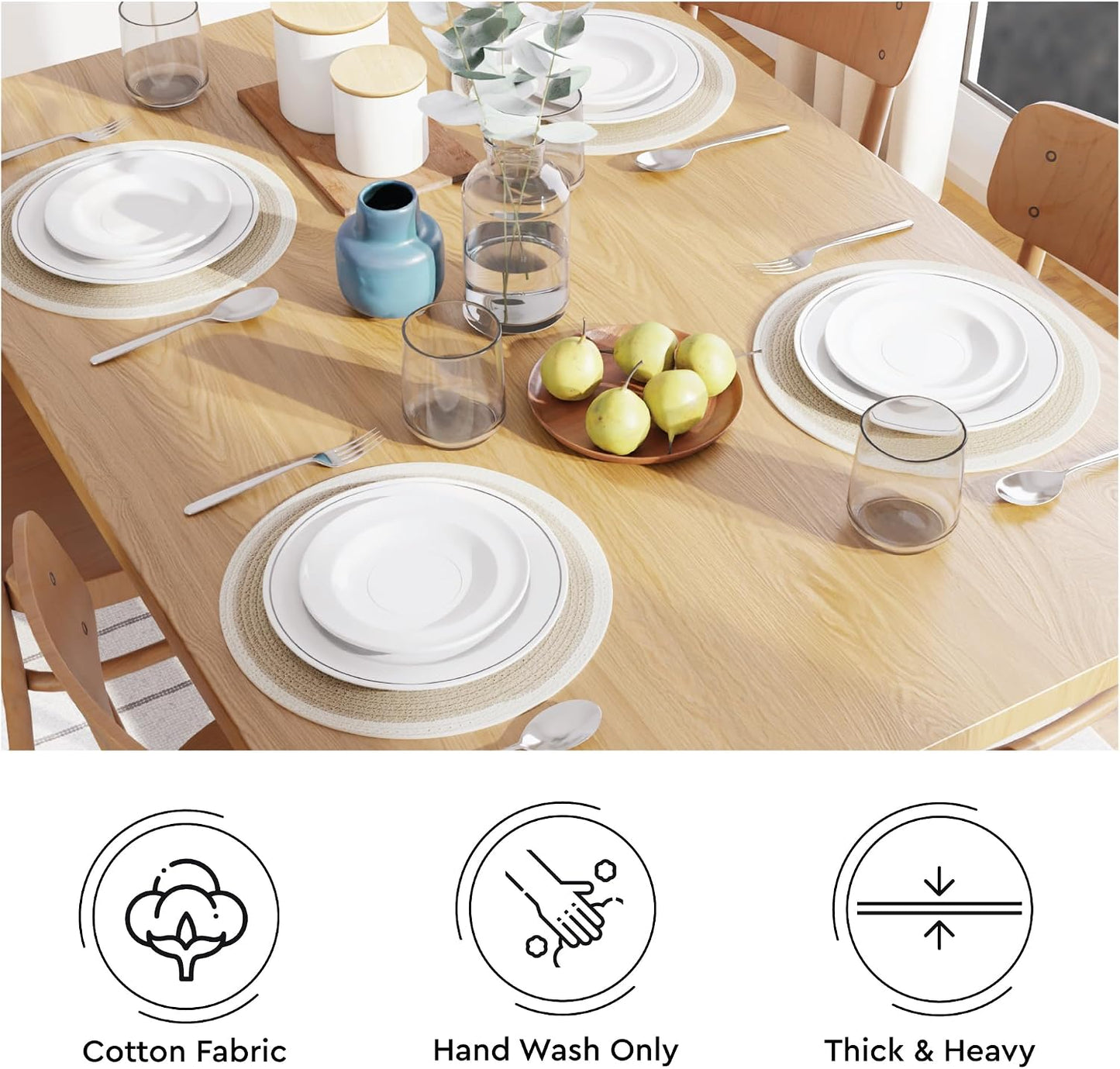 Encasa XO Placemats, Round Cotton Dining Table Mats 13" | Beige & Off White, Handcrafted Ribbed Texture | Heat