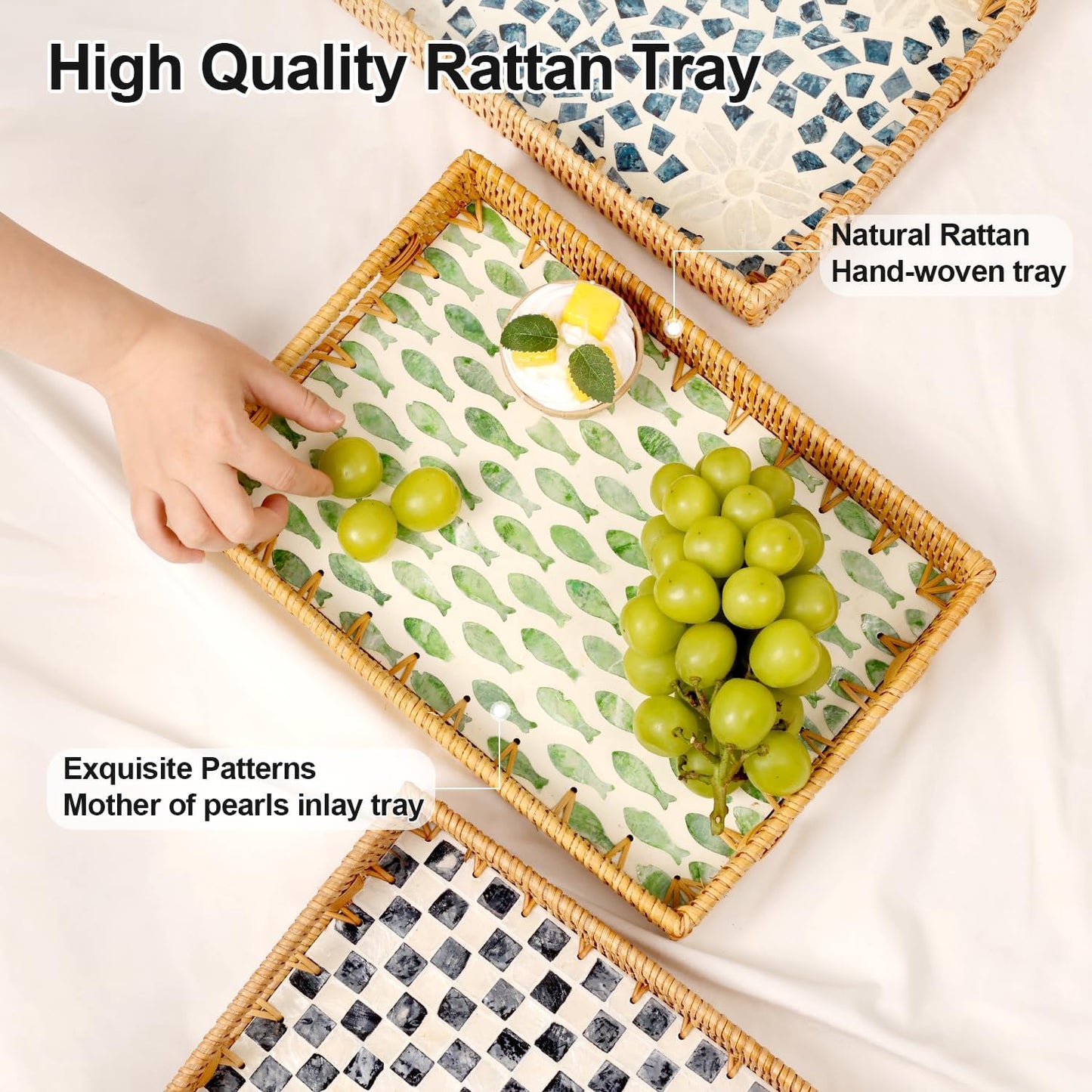 Rattan Serving Tray / Green Fish