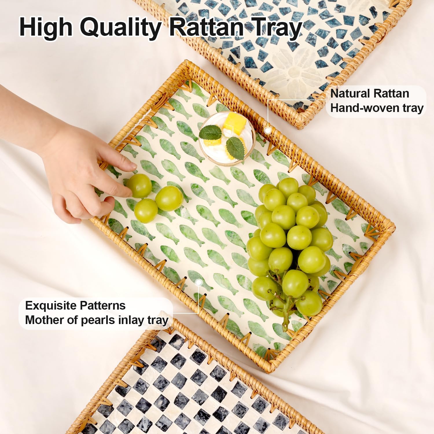 Rattan Serving Tray / Green Fish