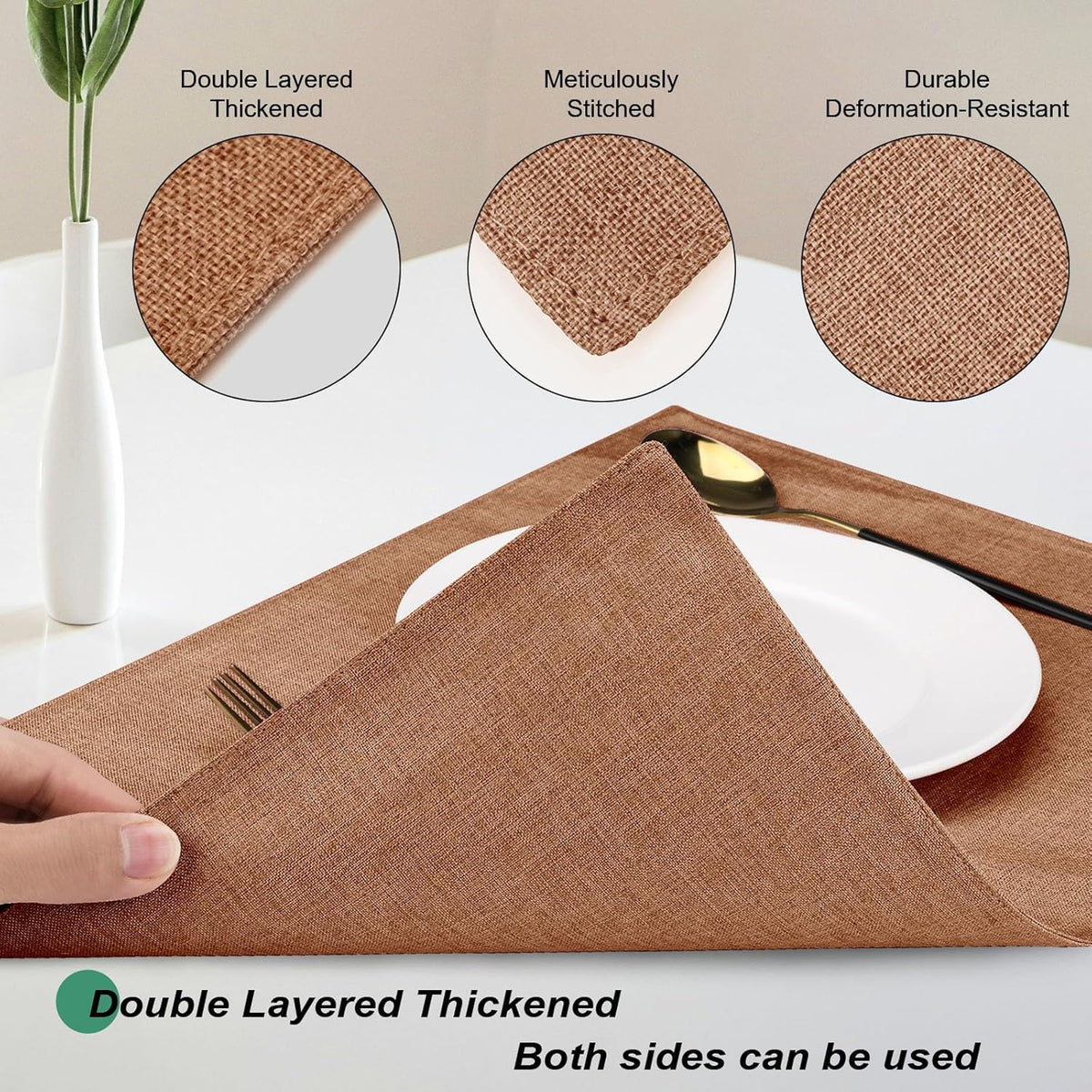 Cloth Placemats Set of 6, Cotton Linen Blend Place Mats, Flaxen | Machine Washable, Double Layered, Heat Resistant