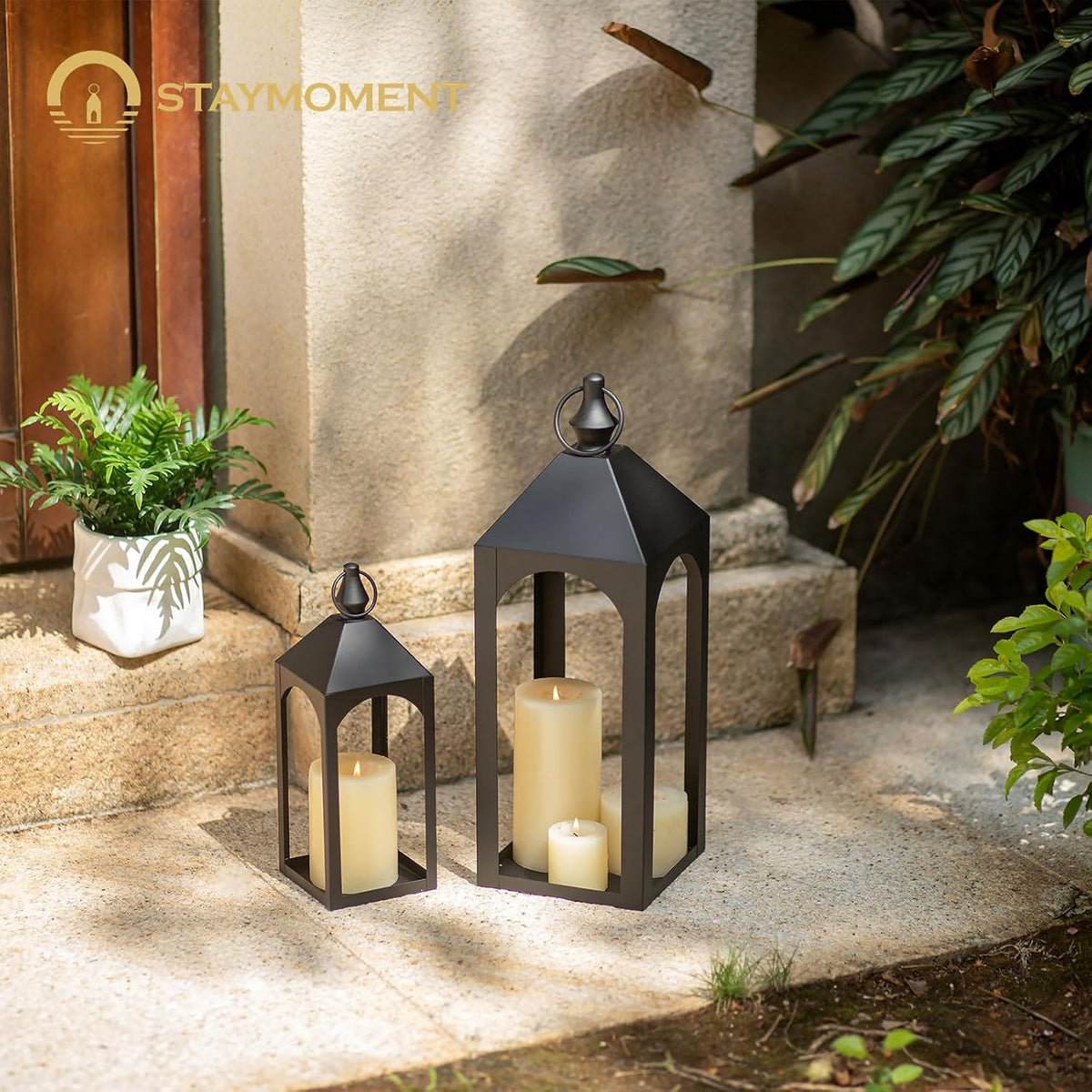 17" & 11" Black Metal Outdoor Floor Lantern, Front Porch Decor | Set of 2 Lanterns Decorative Indoor with Rust-proof
