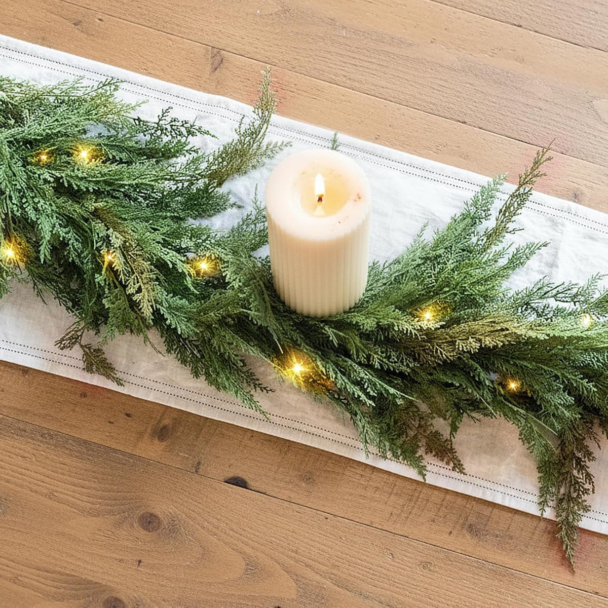 Christmas Cedar Garland Realistic - Cypress Decorations with Lights 6ft for Mantle Lighted Faux Pine Garlands for Xmas