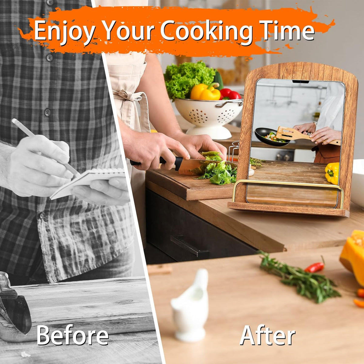 Cookbook Stand for Kitchen Counter Decor - Adjustable Cookbook Holder | 9"L×11"H Wooden Cook Book Stand, Recipe Book