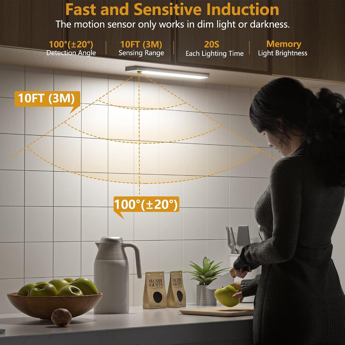Under Cabinet Lights Motion Sensor 3 Color Temperatures LED Closet Light, USB-C Rechargeable Under Counter Lights Night