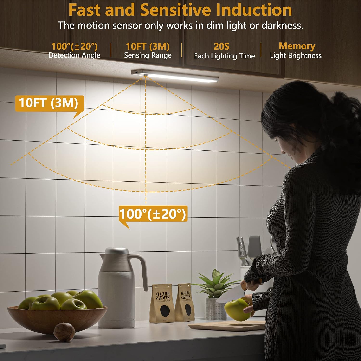 Under Cabinet Lights Motion Sensor 3 Color Temperatures LED Closet Light, USB-C Rechargeable Under Counter Lights Night