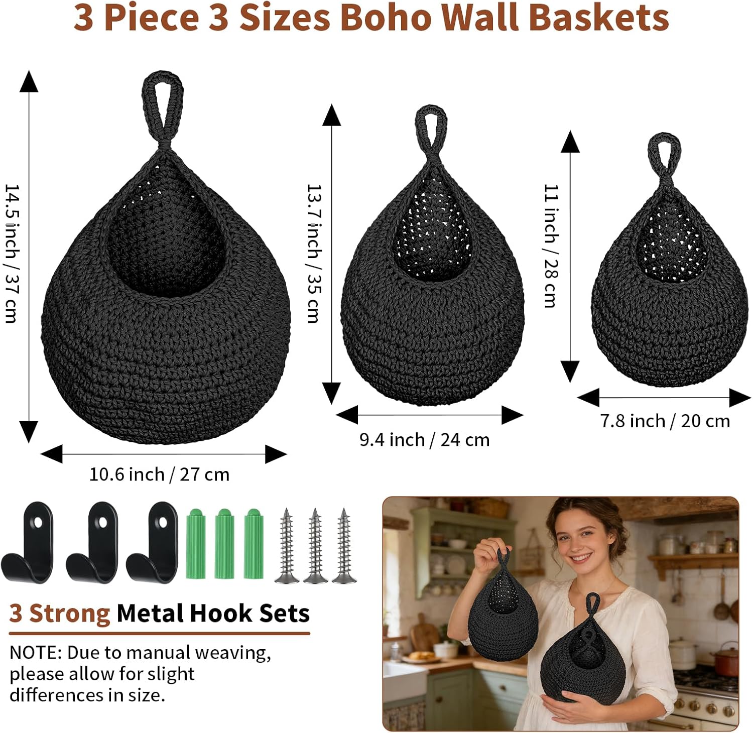 Boho Decor Hanging Fruit Baskets / Black / Cotton Rope-a / Set of 3