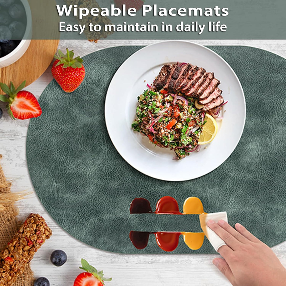 ADRIMER Placemats, Heat Resistant Oval Placemats Set of 12 Washable 12 x 17 Inch, Waterproof Table Mats, Wipeable Pu