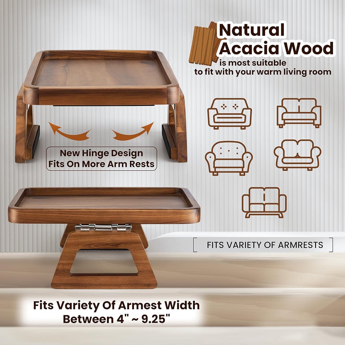 Wooden Sofa Arm Tray / Acacia / 13.8 x 9.5 x 1