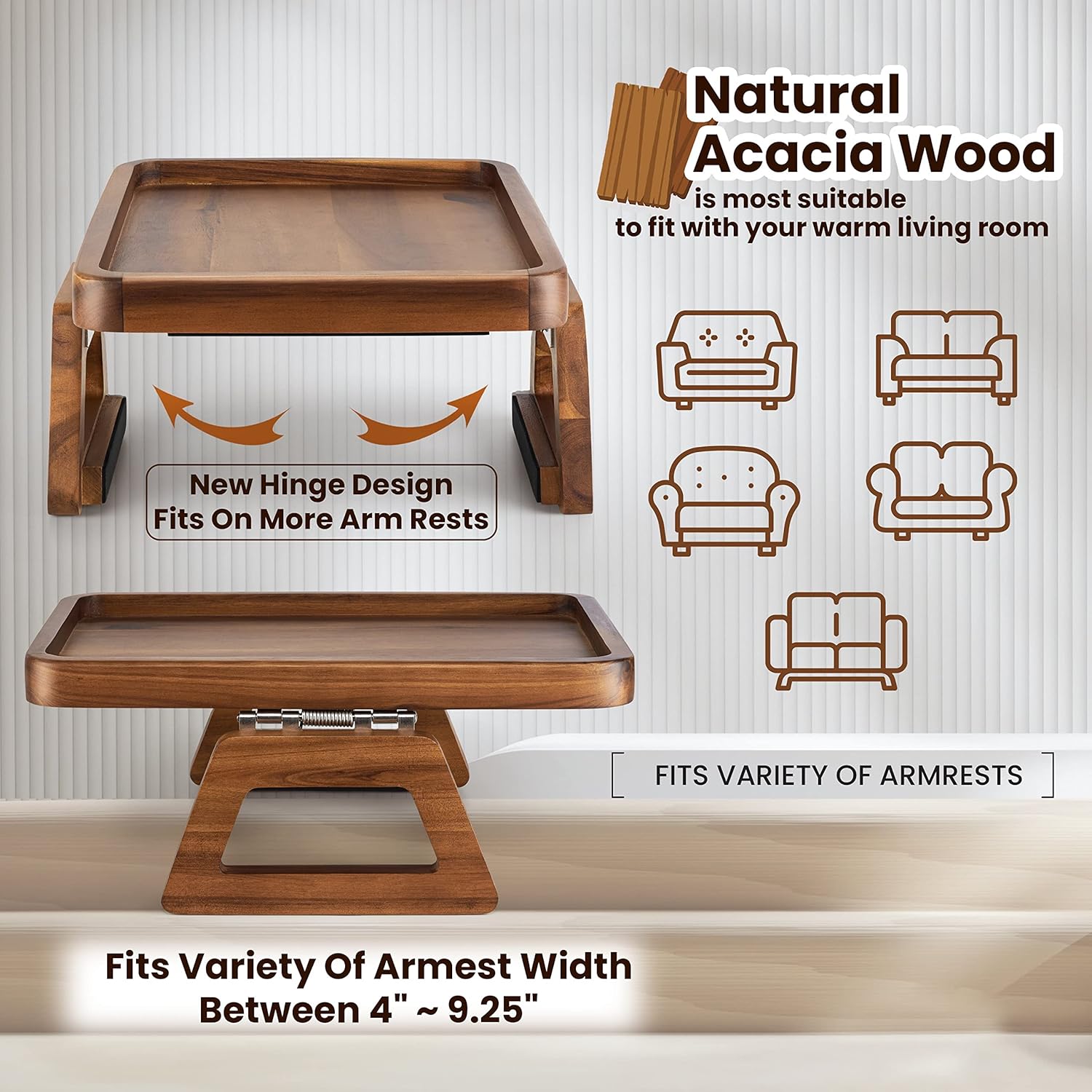 Wooden Sofa Arm Tray / Acacia / 13.8 x 9.5 x 1