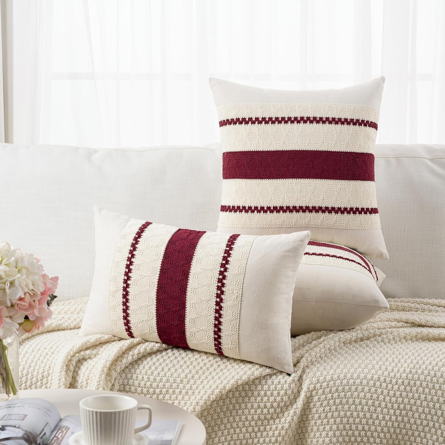 Boho Decorative Throw Pillow Covers / 18 x 18 / Burgundy / Set of 2