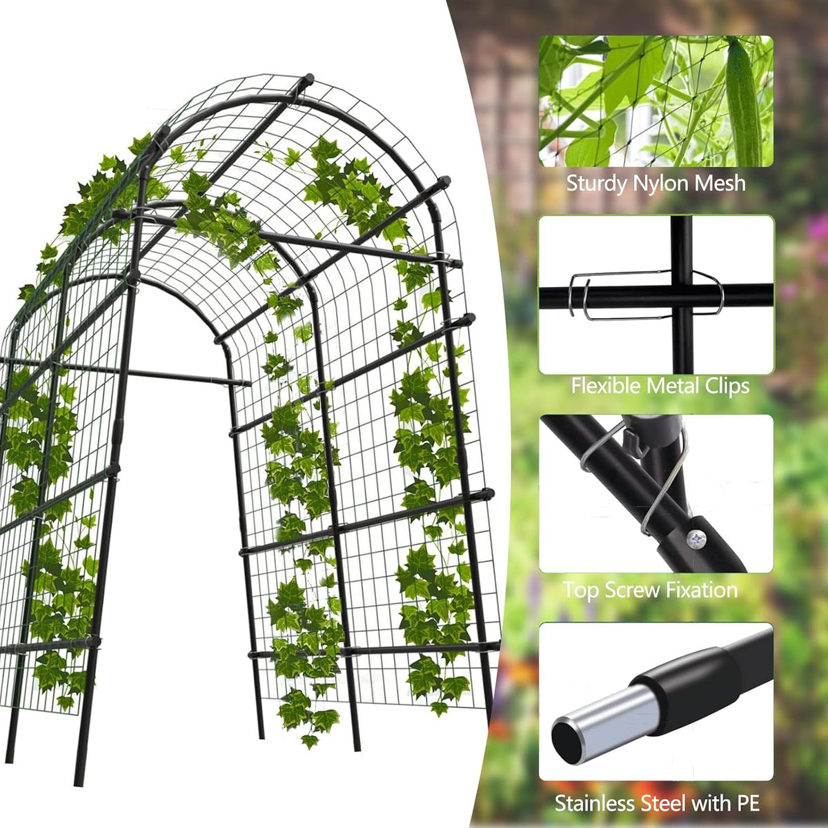 Metal Garden Arch Trellis, 7.6Ft Black for Raised Beds, Plant Support for Cucumbers & Climbing Vegetables with 9