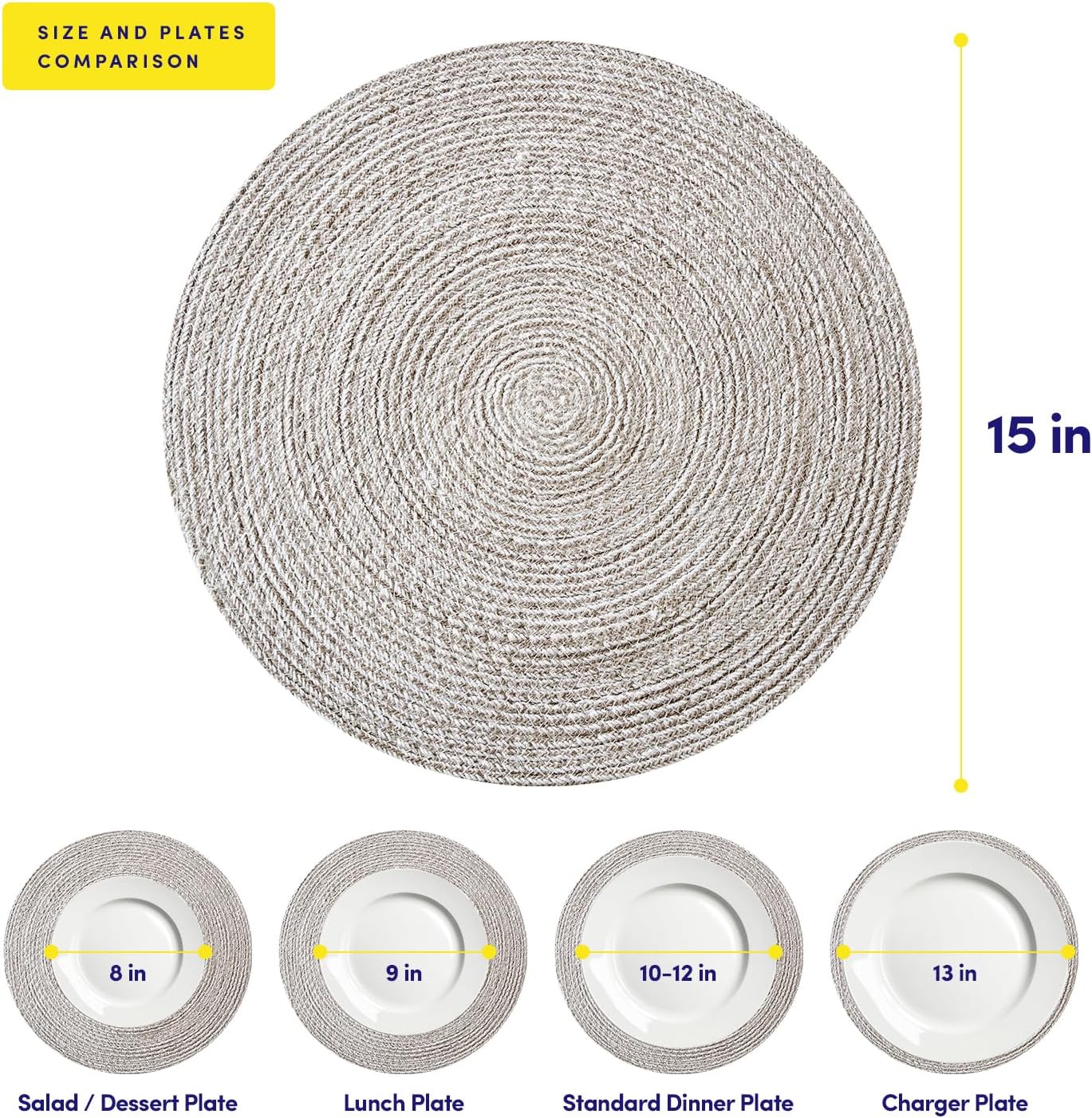 Round Placemats Set of 6-100% Cotton Two-Tone Placemat for Dining Table - Woven Braided Table Setting Place Mat