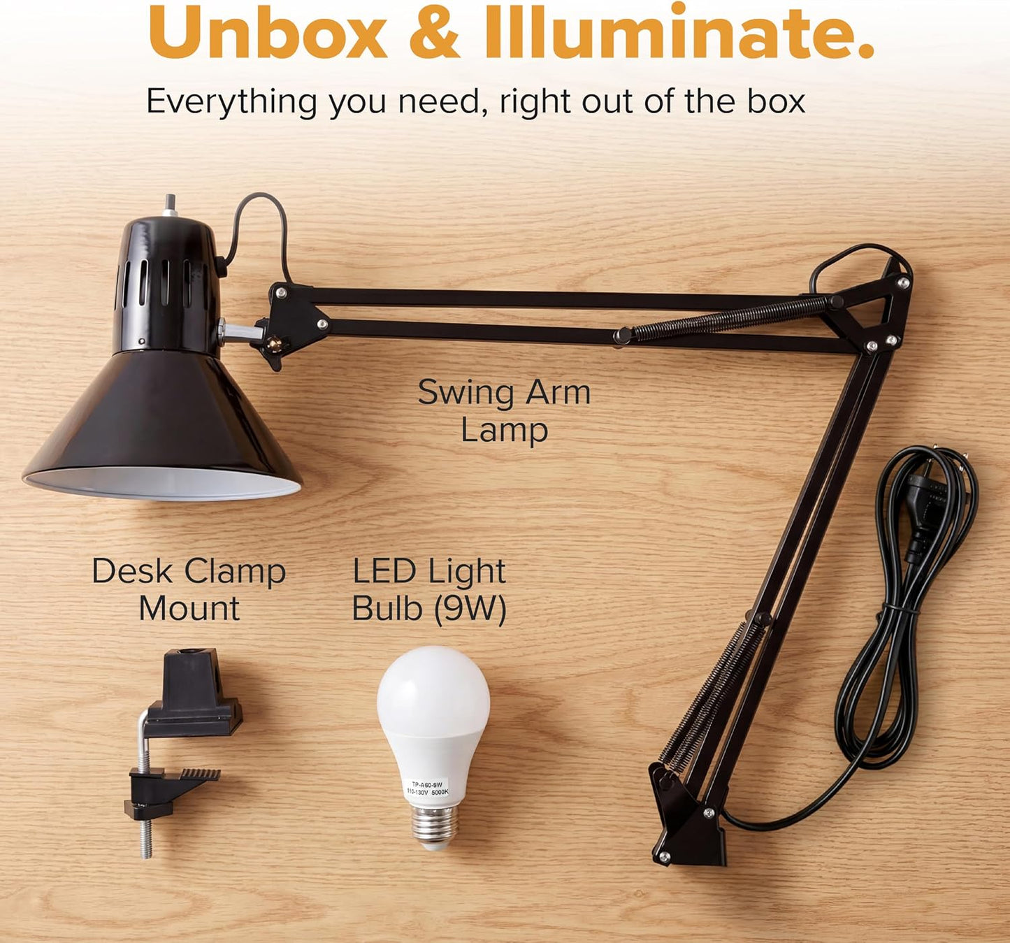 Bostitch Office VLF100 LED Swing Arm Desk Lamp with Clamp Mount, 36" Reach, Includes LED Bulb,Black