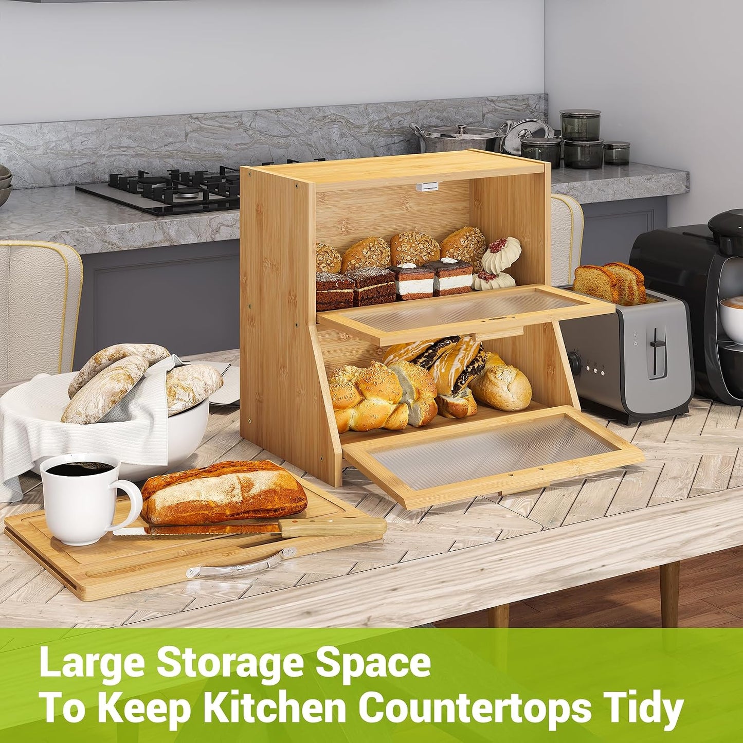 BMOSU Double-Layer Large Bread Box with Cutting Board for Kitchen Countertop Bread Box With Frosted Glass Window