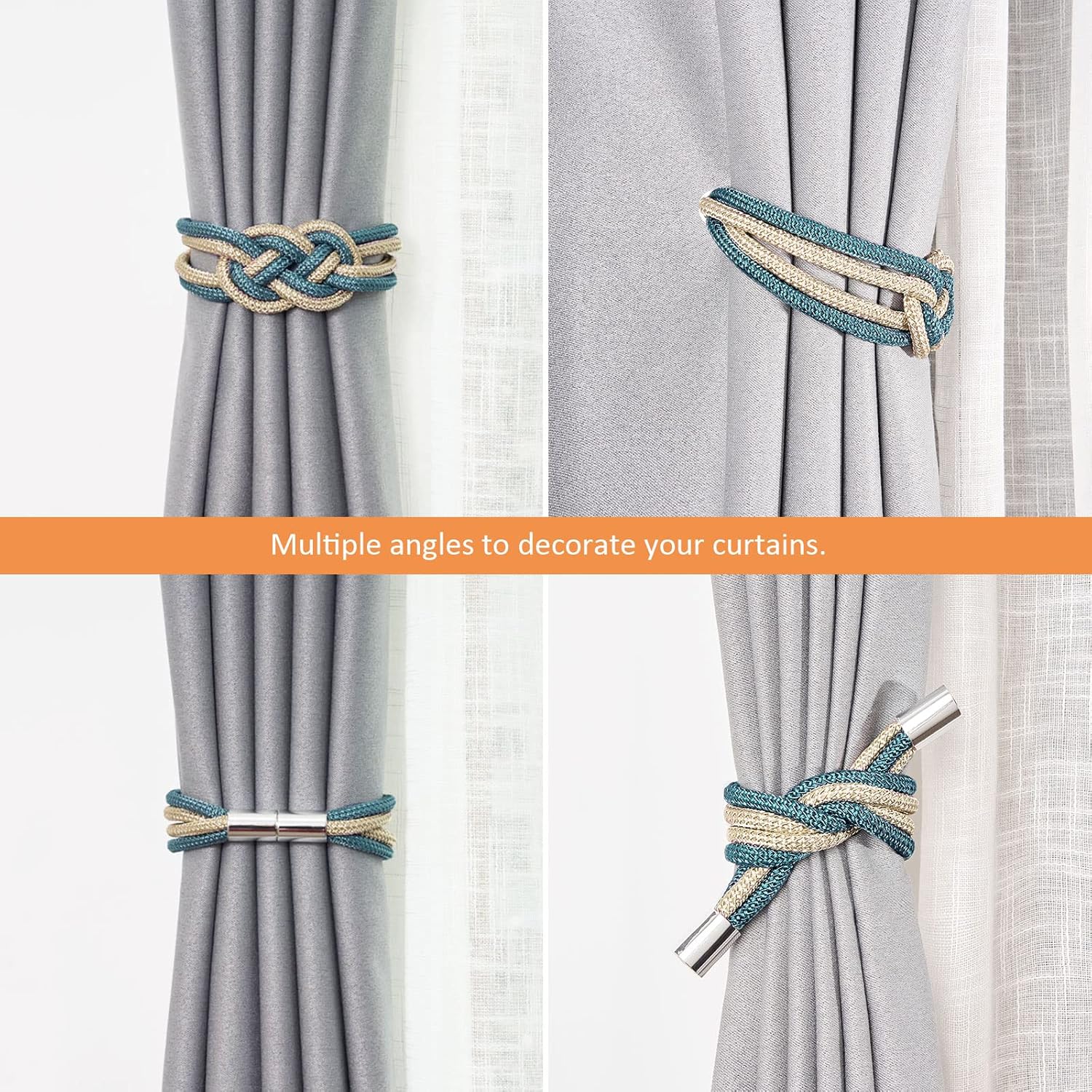 NICEEC 4 Pack Strong Magnetic Curtain Tiebacks Upgrade Nordic Simple Style Drape Tie Backs Double Color Weave Rope Knot