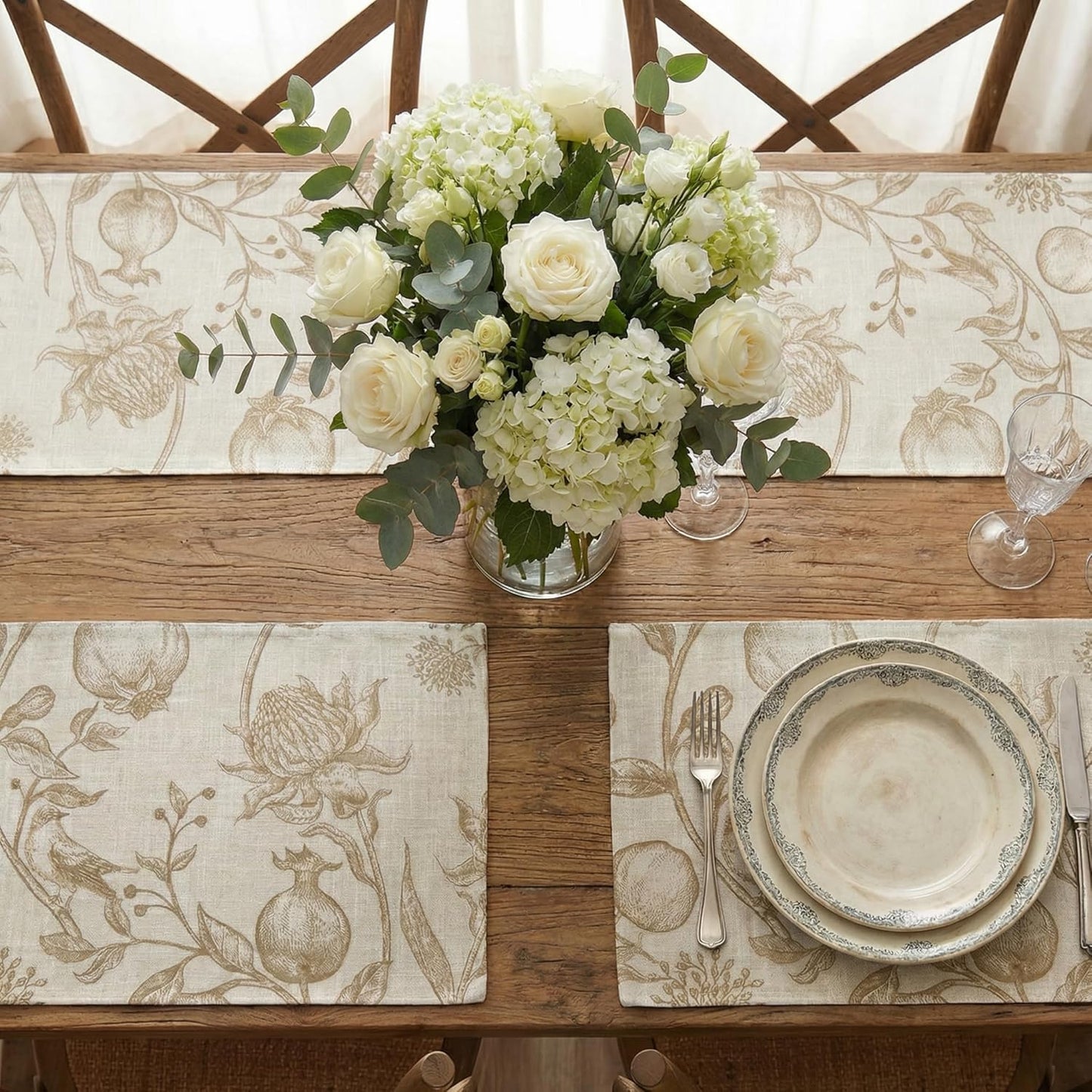 JINCHAN Linen Placemats Set of 4 Farmhouse Botanical Print 13x19 Inch Tan | Fabric Placemats, Cottage Style, Botanical