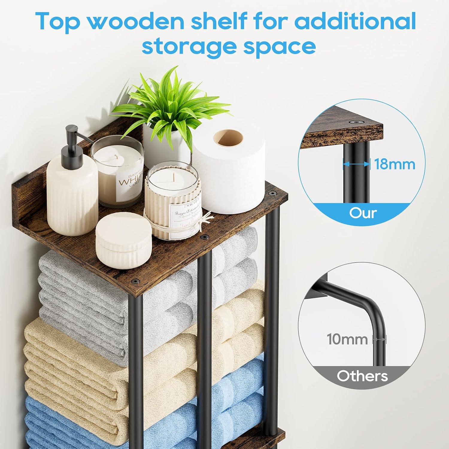 Towel Racks for Bathroom Wall Mounted with Wooden Storage Shelf | Updated 3 Bar Metal Towel Holder for Rolled Towels