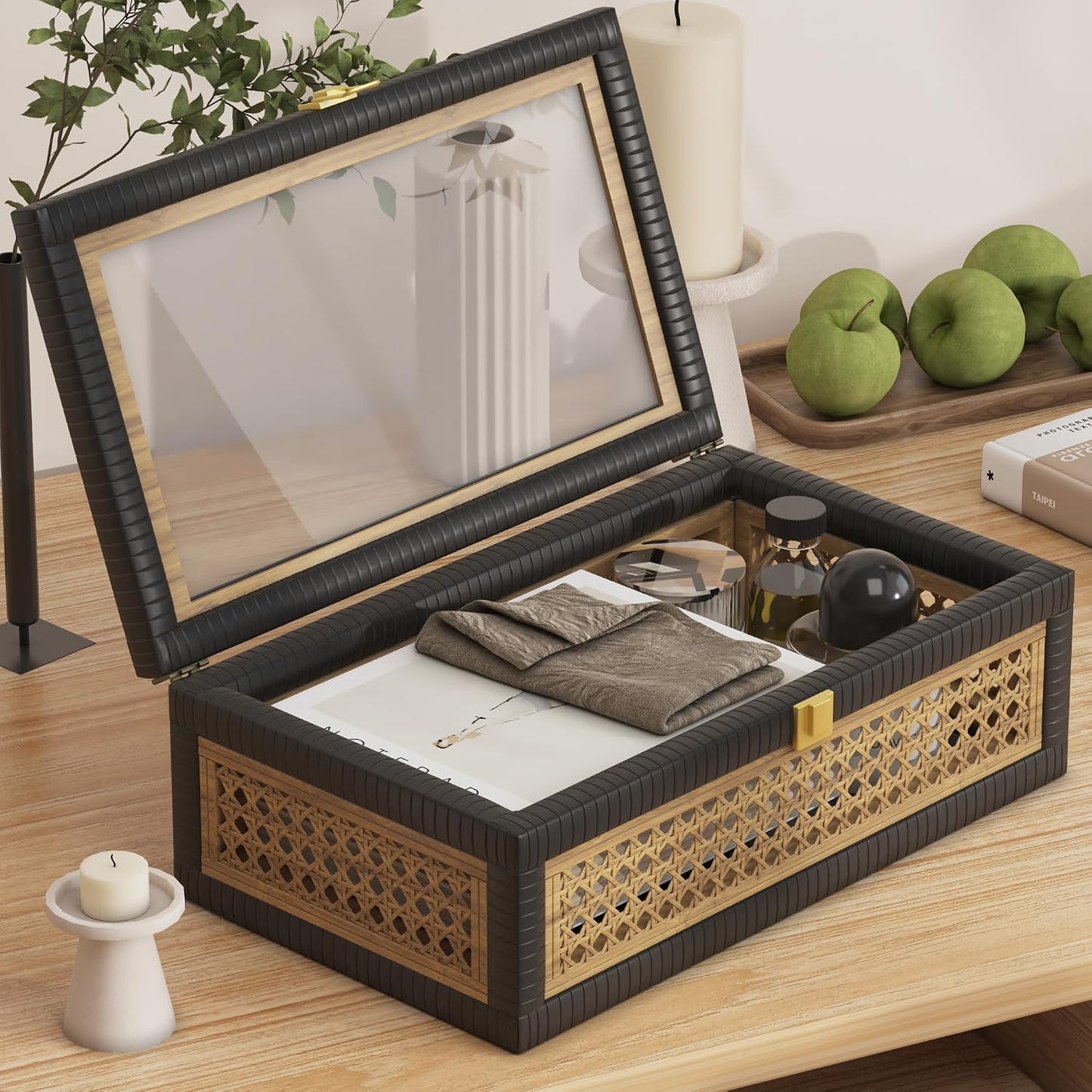 Boho Display Boxes / Khaki Stitching Black / Set of 2