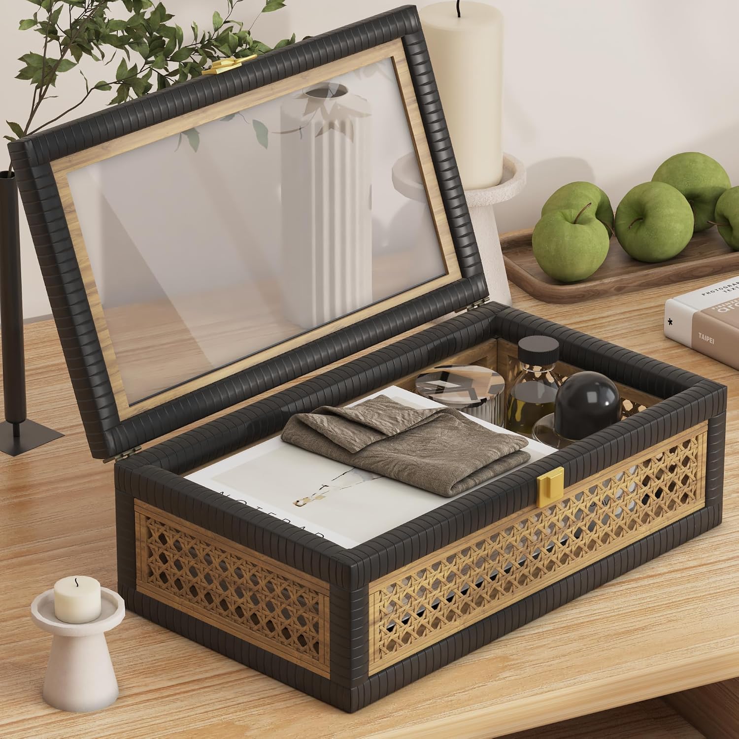 Boho Display Boxes / Khaki Stitching Black / Set of 2
