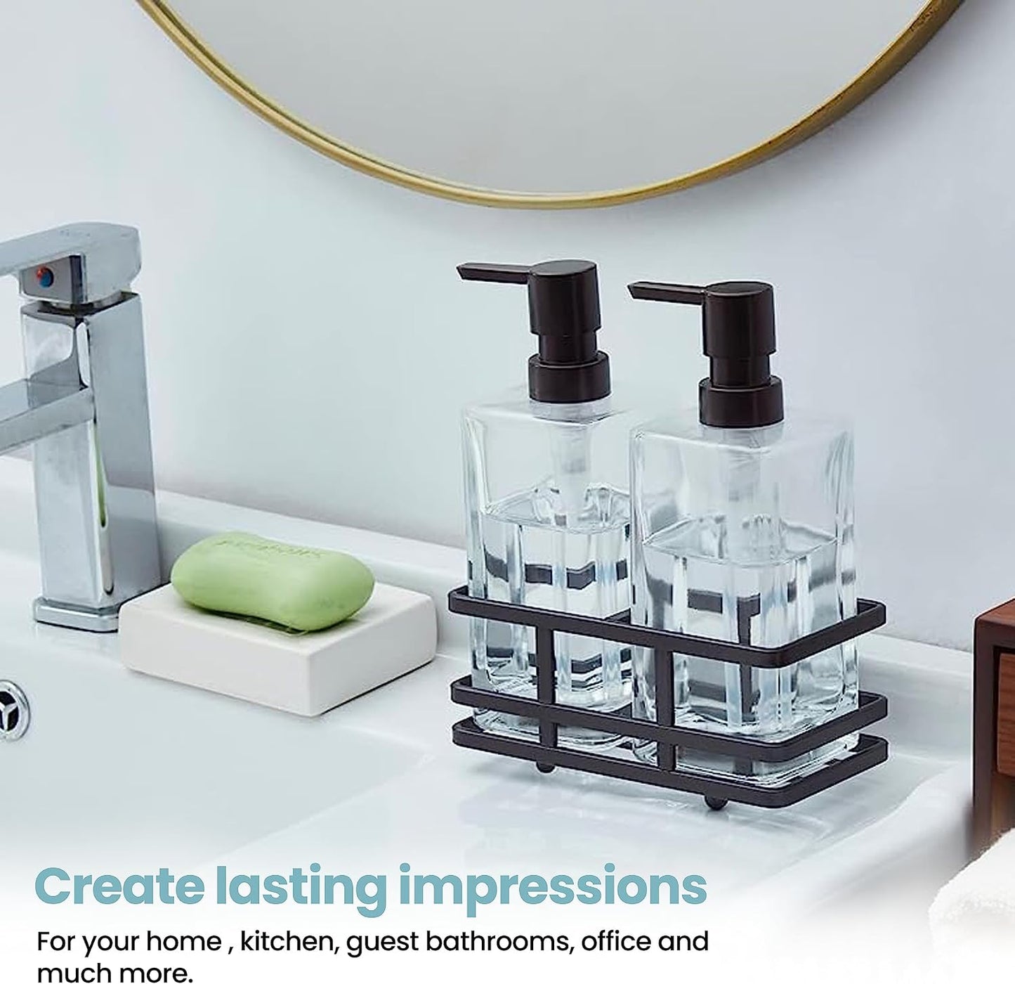 Square Glass Clear Lotion and Soap Pump Dispenser Set with Metal Stand Caddy for Bathroom Bath Kitchen Home Office