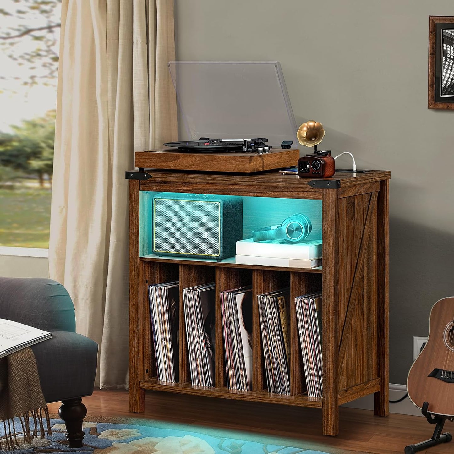 Joaxswe Large Record Player Stand with Charging Station & LED Lights, Vinyl Records Storage Holder Cabinet Holds up to