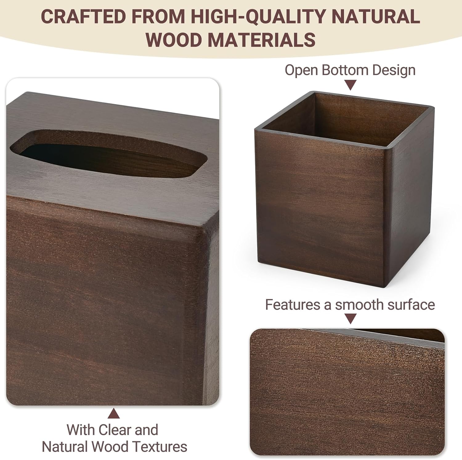 Tissue Box Cover Square Open-Bottom Wood Tissue Box Holder Decorative Facial Cube / Dark Brown