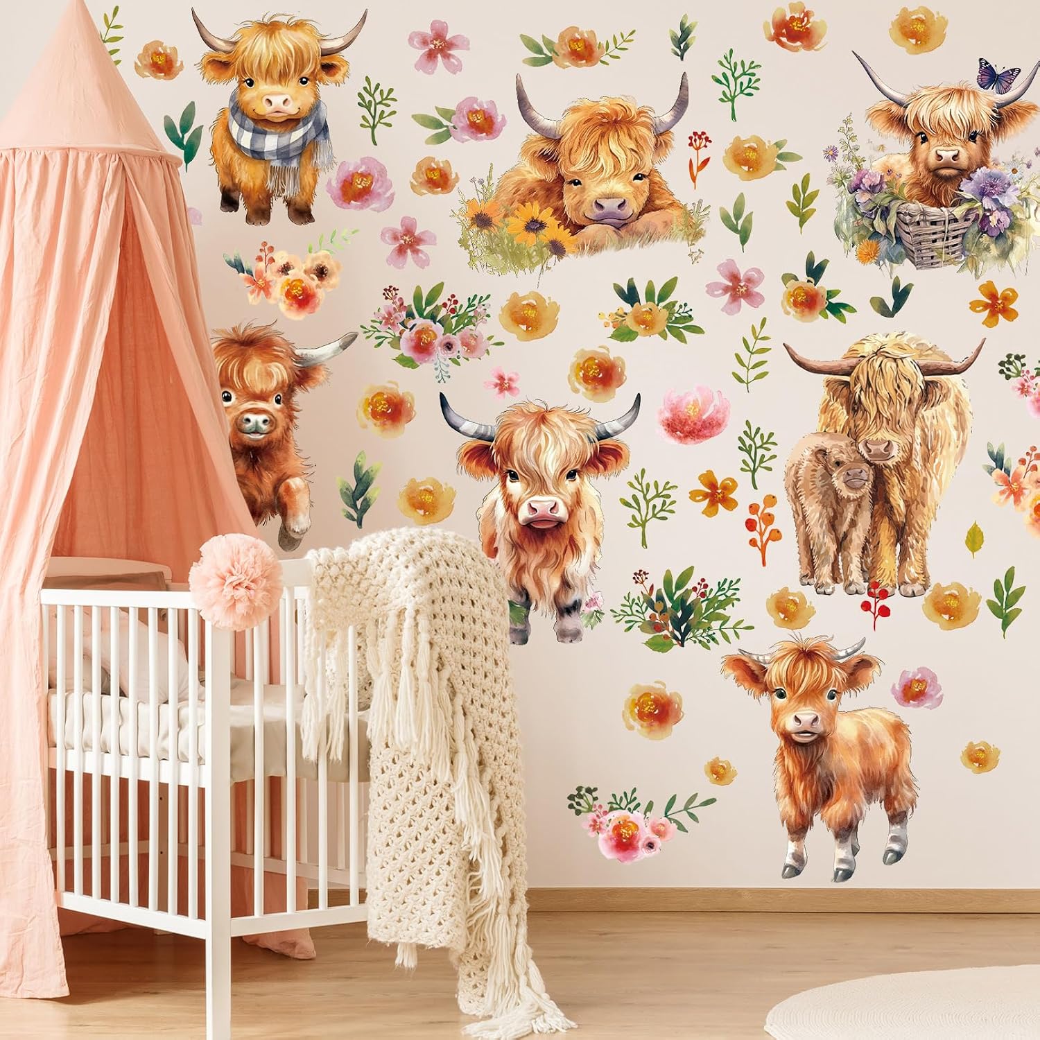 12 Sheet Highland Cow Wall Decals Baby Wall Stickers Highland Cow Sticker for Kids Baby / Set of 78