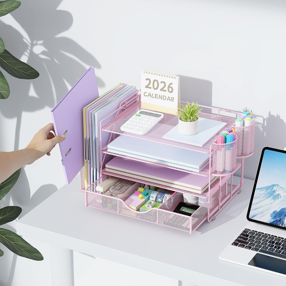 gianotter Desk Organizers and Accessories with File Holder, 4-Tier Desk Accessories & Workspace Organizers with Drawer