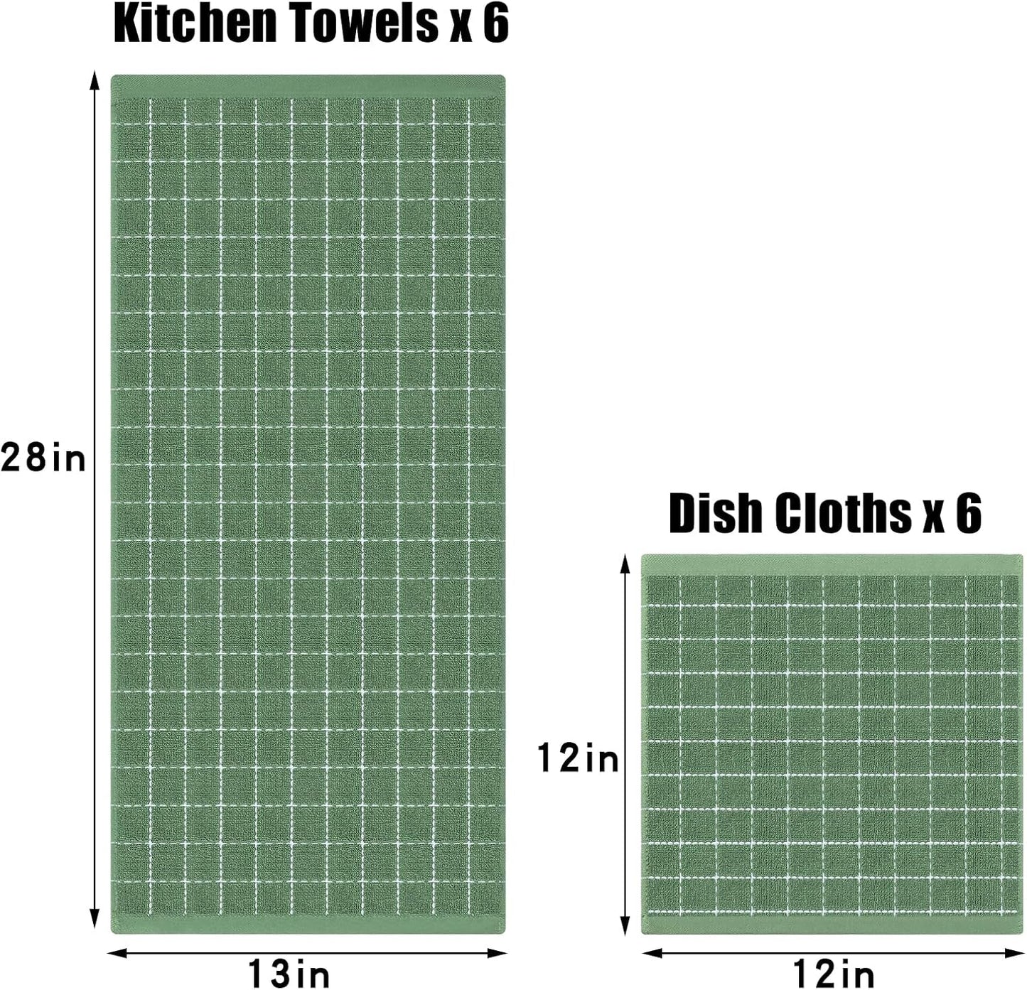 Homaxy Kitchen Towels and Dishcloths Set, Set of 12, Grass Green | Bulk Cotton Terry Kitchen Towels, Checkered